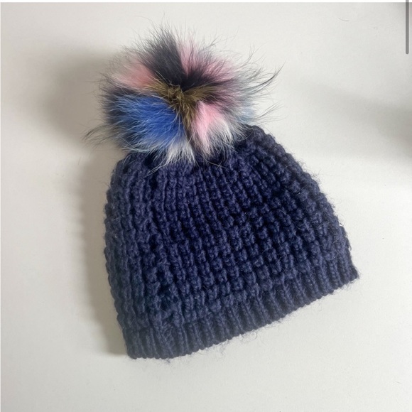 kyi kyi Accessories - Kyi Kyi chunky knit hat, fur pom pom, navy blue/multicolor